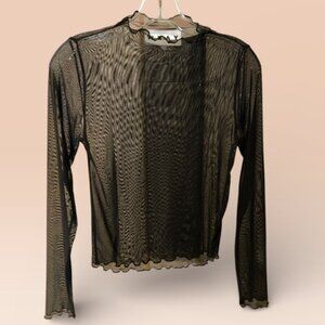 WRAY black semi sheer crinkle ruffle edges trim top L